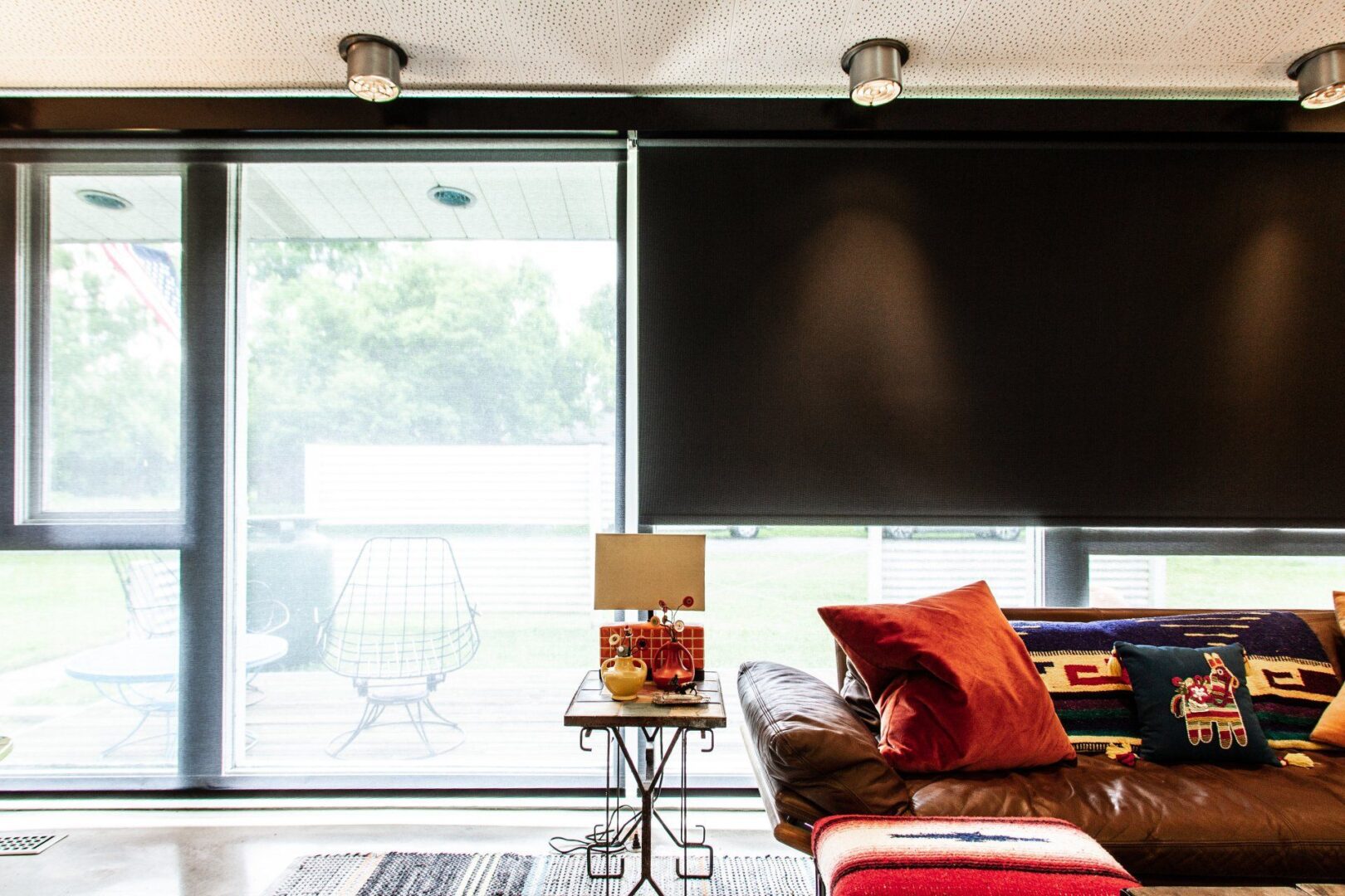 A living room with a couch and table