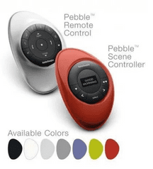 A pebble remote control is shown in different colors.