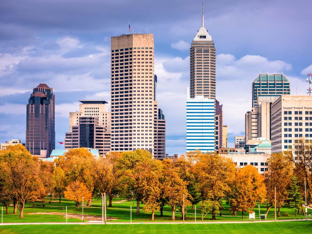 A view of the city skyline from across the street.