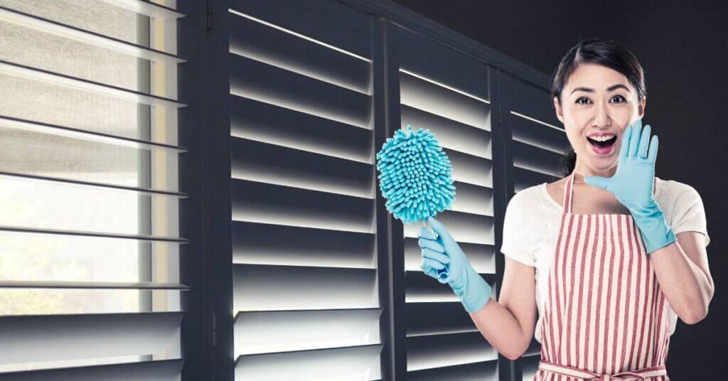 A person holding a blue cleaning brush near shutters.
