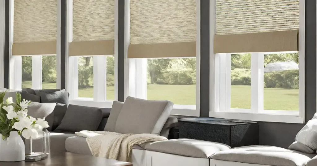 A living room with three windows and two couches